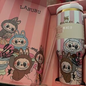 Stanley Pink and White Striped Tumbler with Labubu Design